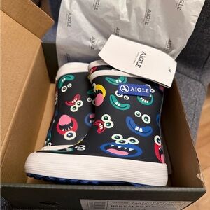 Aigle Kids' Black and Blue Monster Rain Boots